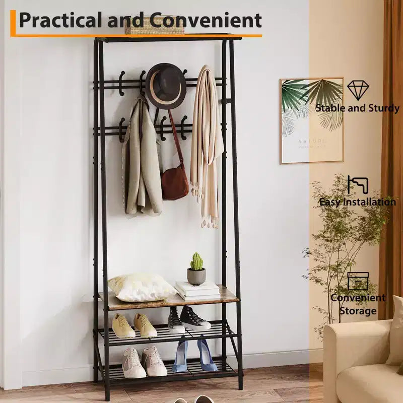 Appendiabiti con Scarpiera e 10 Ganci, Appendiabiti da Terra, Ingresso con Contenitore, Stand Appendini con Struttura in Metallo