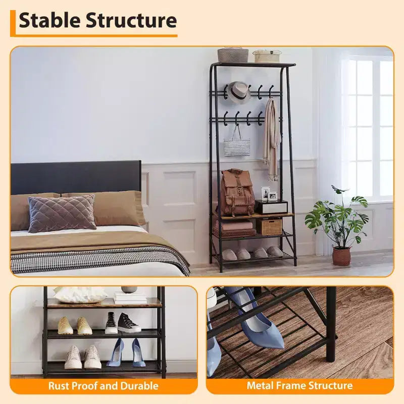 Appendiabiti con Scarpiera e 10 Ganci, Appendiabiti da Terra, Ingresso con Contenitore, Stand Appendini con Struttura in Metallo