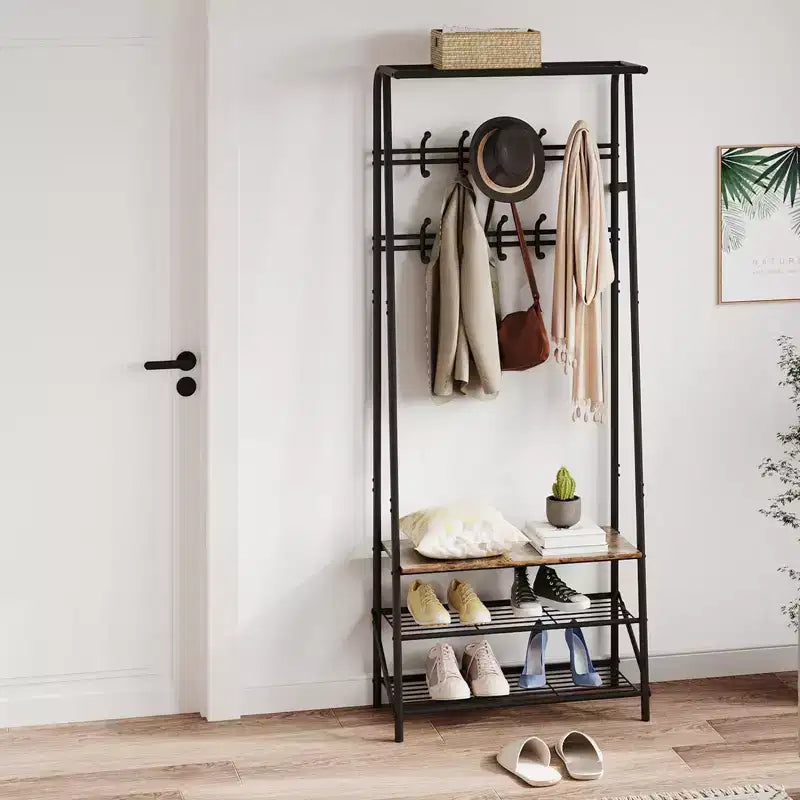 Appendiabiti con Scarpiera e 10 Ganci, Appendiabiti da Terra, Ingresso con Contenitore, Stand Appendini con Struttura in Metallo