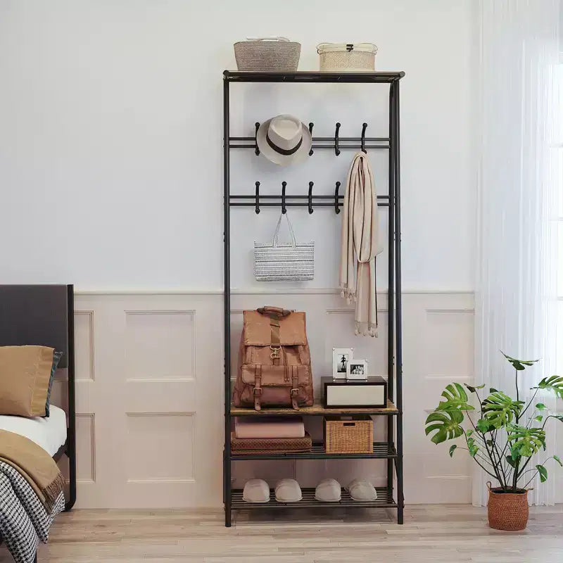 Appendiabiti con Scarpiera e 10 Ganci, Appendiabiti da Terra, Ingresso con Contenitore, Stand Appendini con Struttura in Metallo