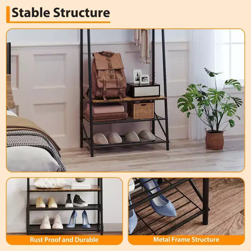 Appendiabiti con Scarpiera e 10 Ganci, Appendiabiti da Terra, Ingresso con Contenitore, Stand Appendini con Struttura in Metallo