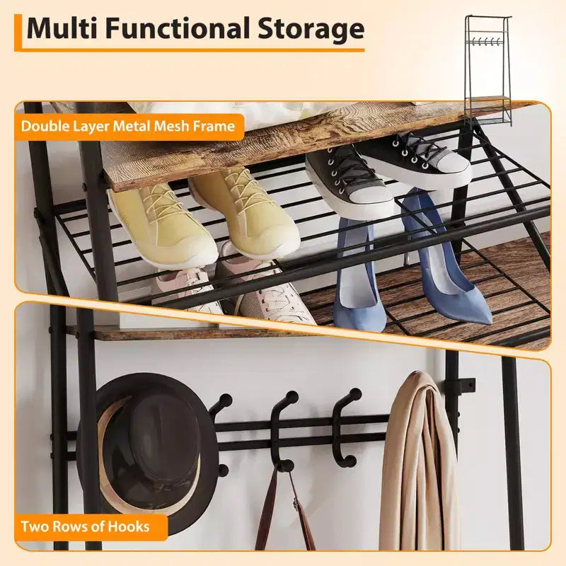 Appendiabiti con Scarpiera e 10 Ganci, Appendiabiti da Terra, Ingresso con Contenitore, Stand Appendini con Struttura in Metallo