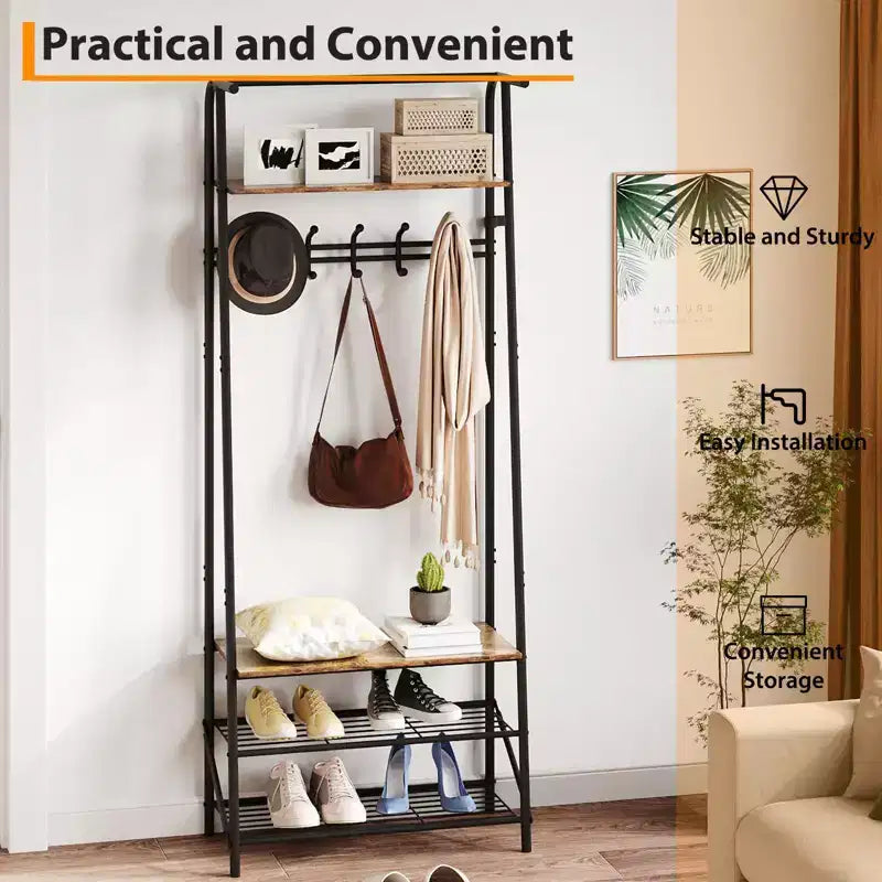 Appendiabiti con Scarpiera e 10 Ganci, Appendiabiti da Terra, Ingresso con Contenitore, Stand Appendini con Struttura in Metallo