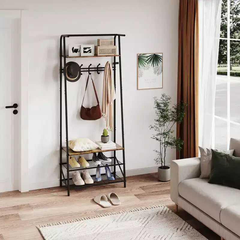 Appendiabiti con Scarpiera e 10 Ganci, Appendiabiti da Terra, Ingresso con Contenitore, Stand Appendini con Struttura in Metallo