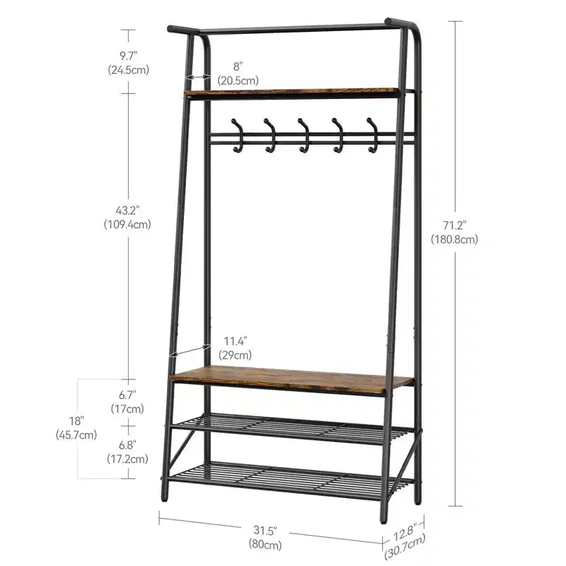 Appendiabiti con Scarpiera e 10 Ganci, Appendiabiti da Terra, Ingresso con Contenitore, Stand Appendini con Struttura in Metallo
