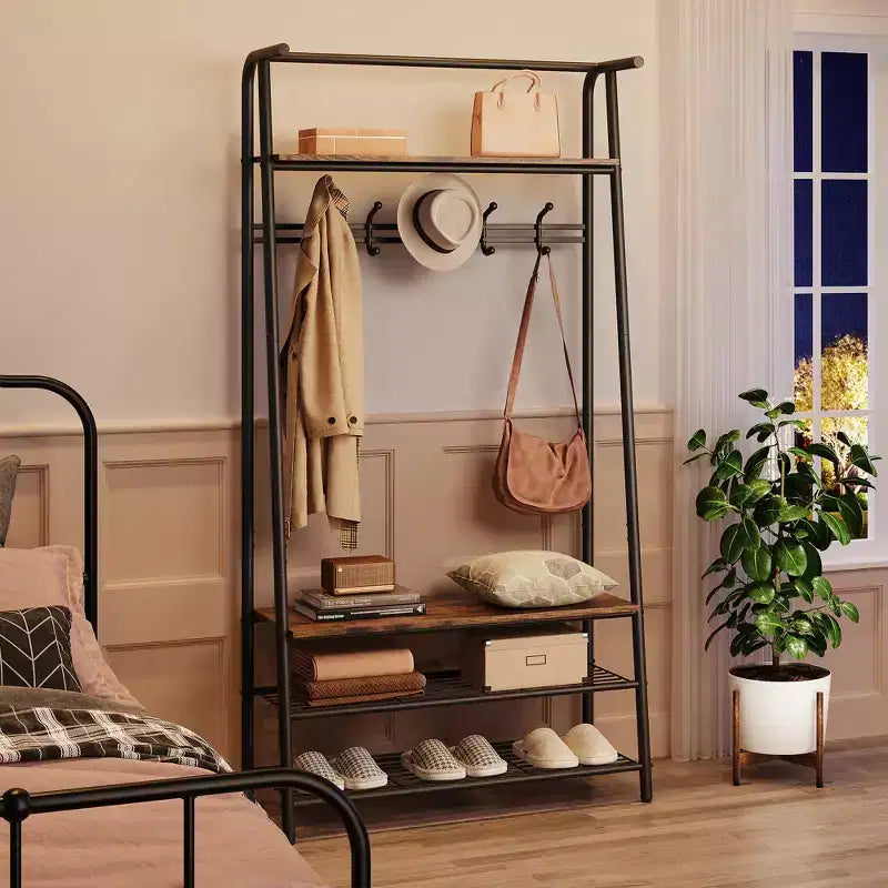 Appendiabiti con Scarpiera e 10 Ganci, Appendiabiti da Terra, Ingresso con Contenitore, Stand Appendini con Struttura in Metallo