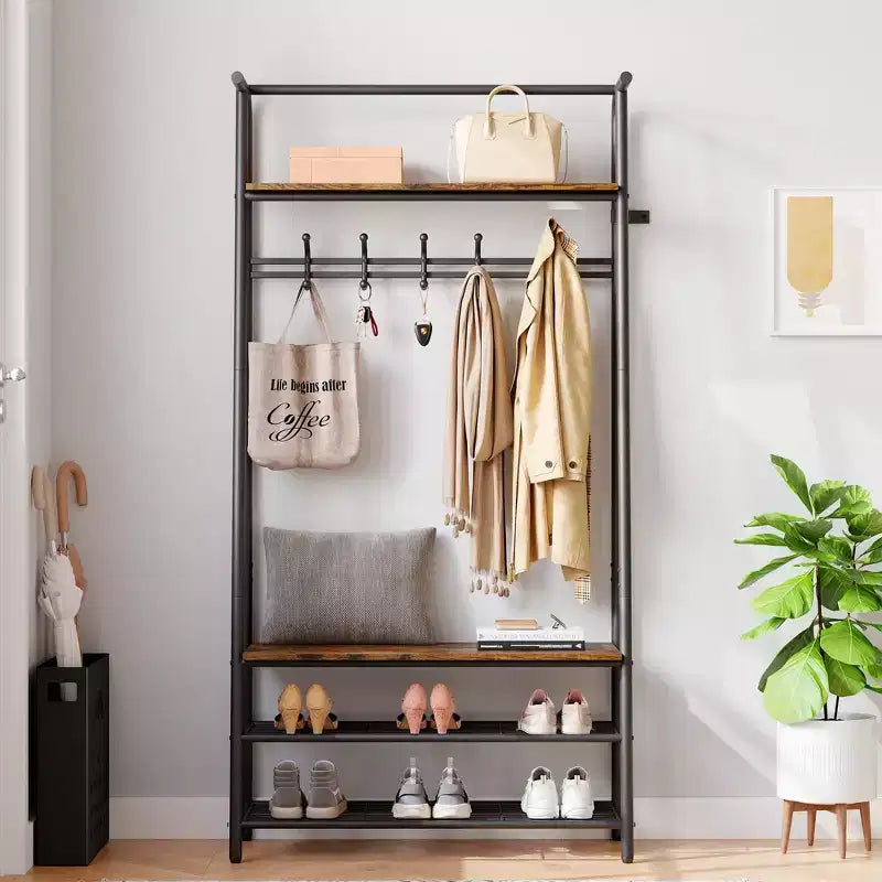 Appendiabiti con Scarpiera e 10 Ganci, Appendiabiti da Terra, Ingresso con Contenitore, Stand Appendini con Struttura in Metallo