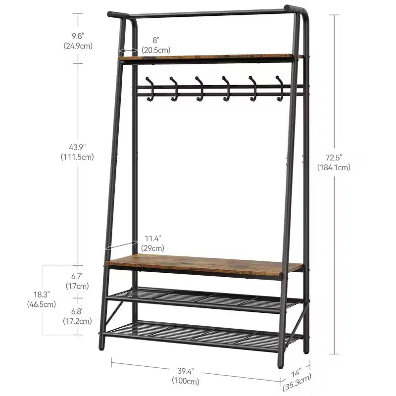 Appendiabiti con Scarpiera e 10 Ganci, Appendiabiti da Terra, Ingresso con Contenitore, Stand Appendini con Struttura in Metallo