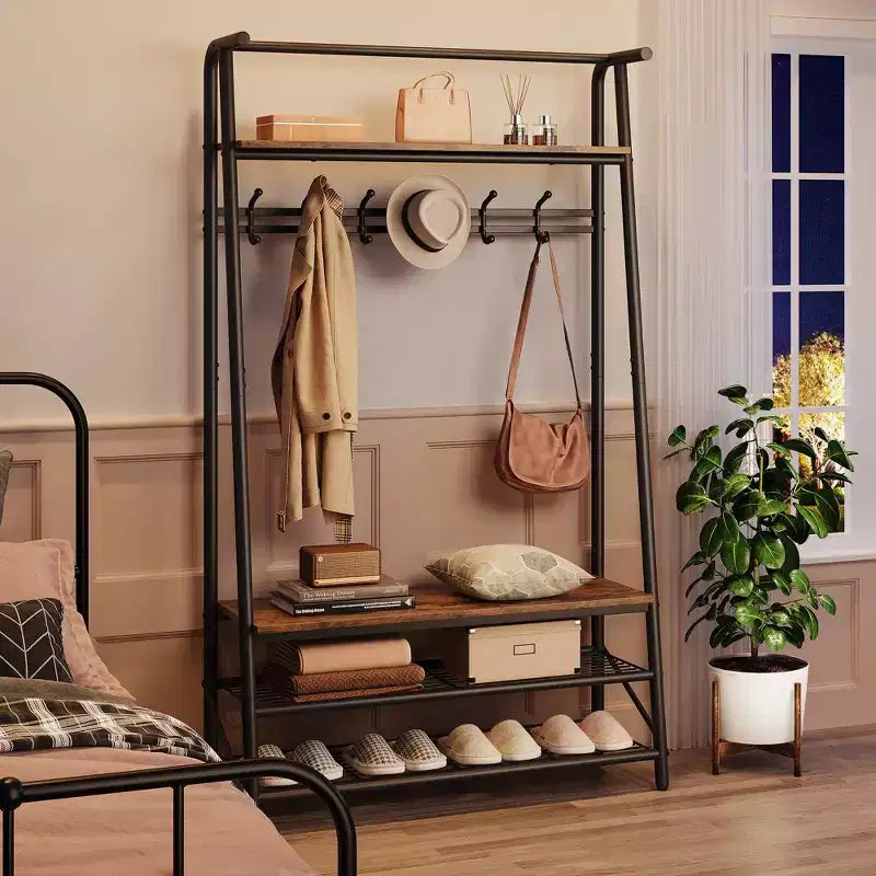 Appendiabiti con Scarpiera e 10 Ganci, Appendiabiti da Terra, Ingresso con Contenitore, Stand Appendini con Struttura in Metallo