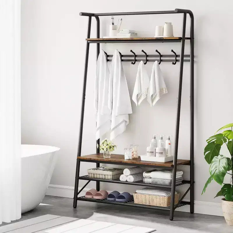 Appendiabiti con Scarpiera e 10 Ganci, Appendiabiti da Terra, Ingresso con Contenitore, Stand Appendini con Struttura in Metallo
