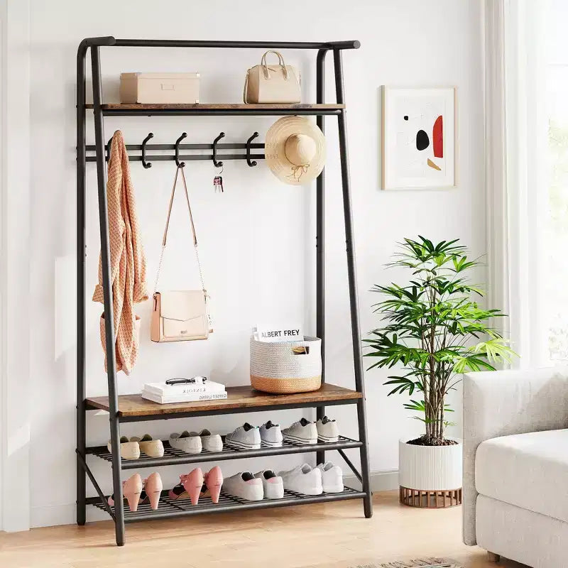 Appendiabiti con Scarpiera e 10 Ganci, Appendiabiti da Terra, Ingresso con Contenitore, Stand Appendini con Struttura in Metallo