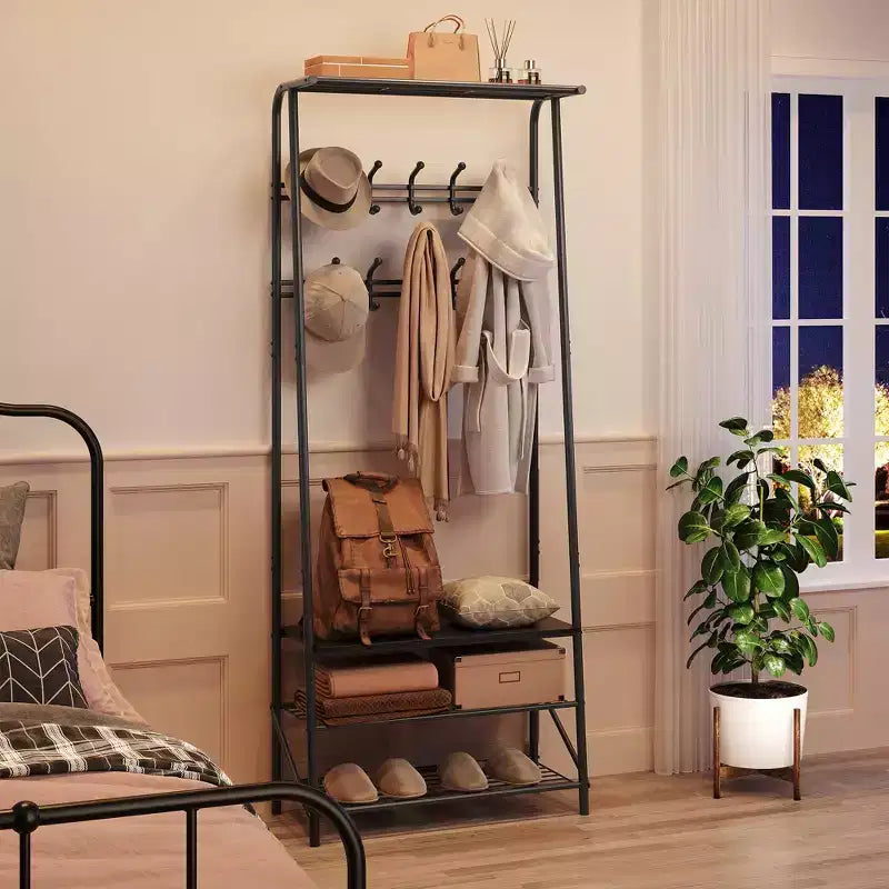 Appendiabiti con Scarpiera e 10 Ganci, Appendiabiti da Terra, Ingresso con Contenitore, Stand Appendini con Struttura in Metallo