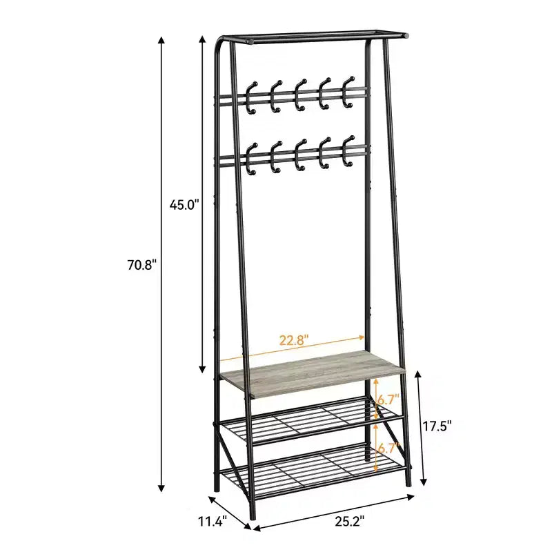 Appendiabiti con Scarpiera e 10 Ganci, Appendiabiti da Terra, Ingresso con Contenitore, Stand Appendini con Struttura in Metallo