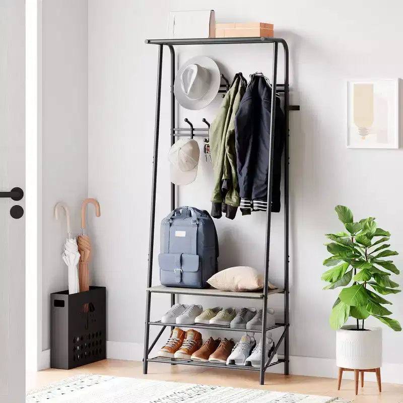 Appendiabiti con Scarpiera e 10 Ganci, Appendiabiti da Terra, Ingresso con Contenitore, Stand Appendini con Struttura in Metallo