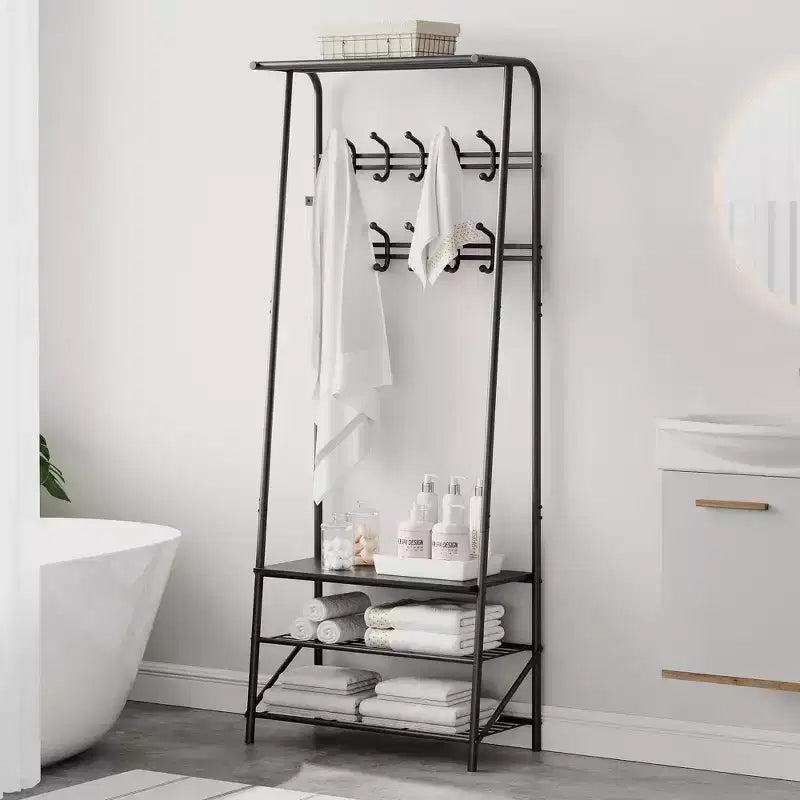 Appendiabiti con Scarpiera e 10 Ganci, Appendiabiti da Terra, Ingresso con Contenitore, Stand Appendini con Struttura in Metallo