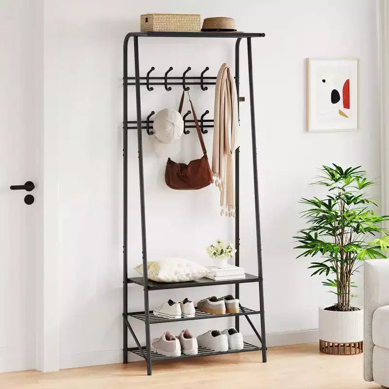 Appendiabiti con Scarpiera e 10 Ganci, Appendiabiti da Terra, Ingresso con Contenitore, Stand Appendini con Struttura in Metallo