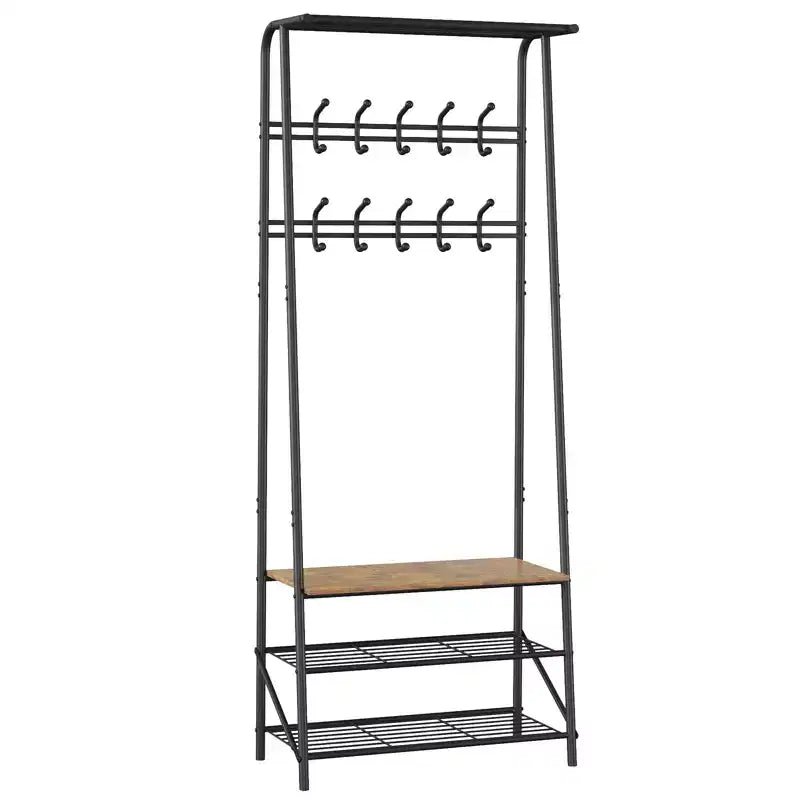 Appendiabiti con Scarpiera e 10 Ganci, Appendiabiti da Terra, Ingresso con Contenitore, Stand Appendini con Struttura in Metallo