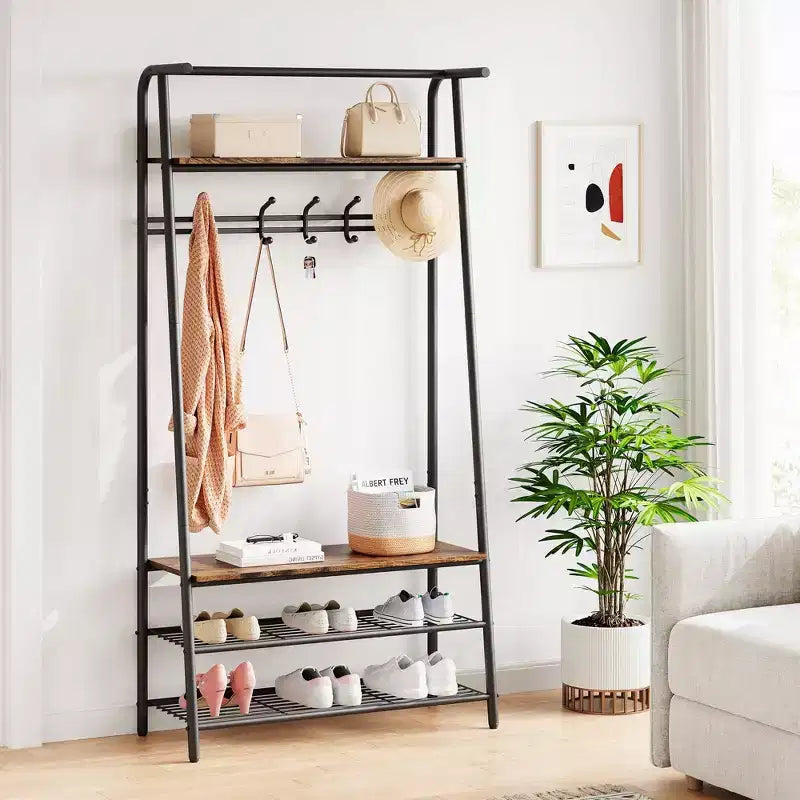 Appendiabiti con Scarpiera e 10 Ganci, Appendiabiti da Terra, Ingresso con Contenitore, Stand Appendini con Struttura in Metallo