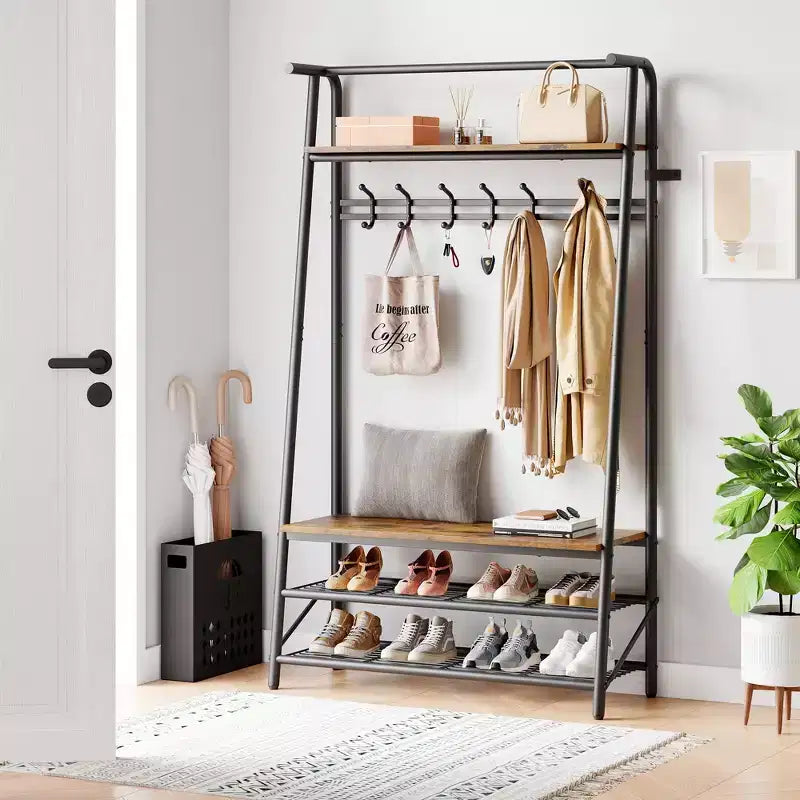 Appendiabiti con Scarpiera e 10 Ganci, Appendiabiti da Terra, Ingresso con Contenitore, Stand Appendini con Struttura in Metallo
