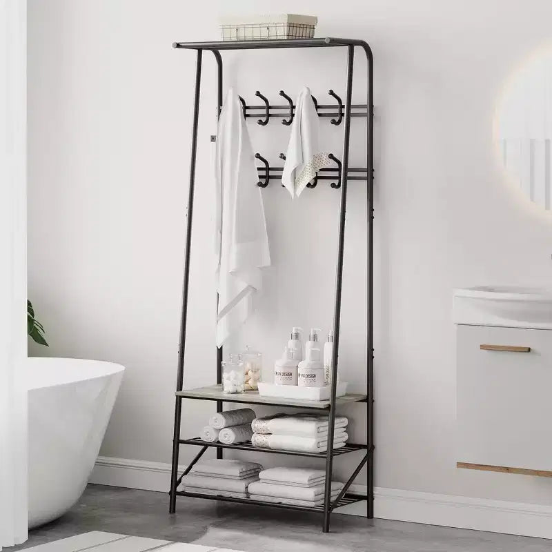 Appendiabiti con Scarpiera e 10 Ganci, Appendiabiti da Terra, Ingresso con Contenitore, Stand Appendini con Struttura in Metallo