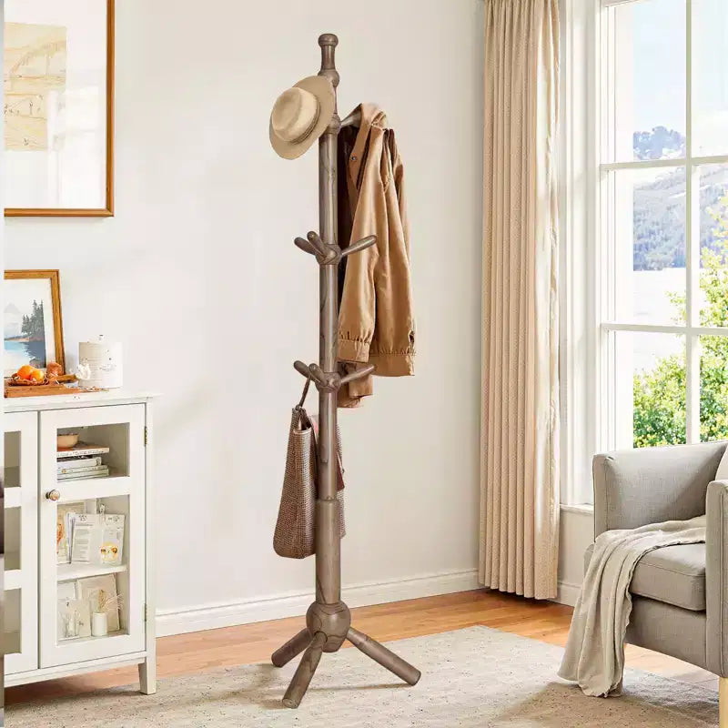 Bekrvio Solid Wood Coat Rack Freestanding 9 Hooks, Adjustable Height Heavy Duty Wooden Coat Tree Stand for Entryway Bedroom Office, Walnut Finish