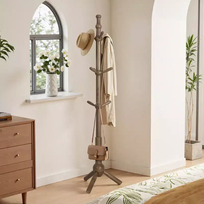 Appendiabiti da terra in legno massello con 9 ganci, altezza regolabile, resistente, in legno, per ingresso, camera da letto, ufficio, finitura noce