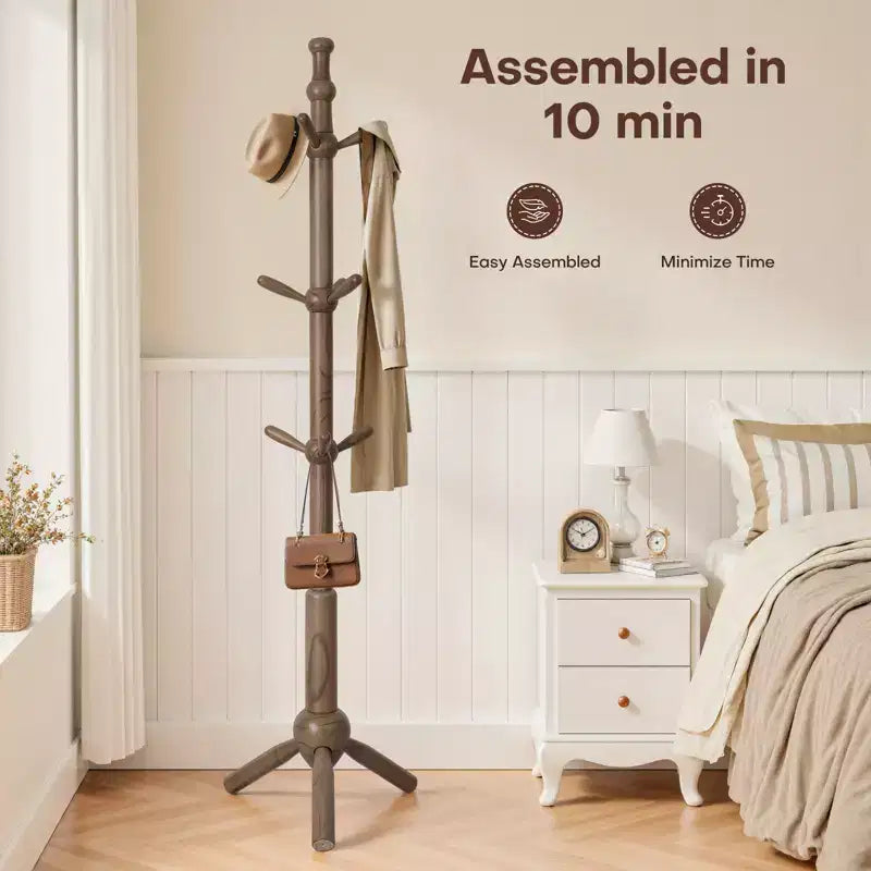 Appendiabiti da terra in legno massello con 9 ganci, altezza regolabile, resistente, in legno, per ingresso, camera da letto, ufficio, finitura noce