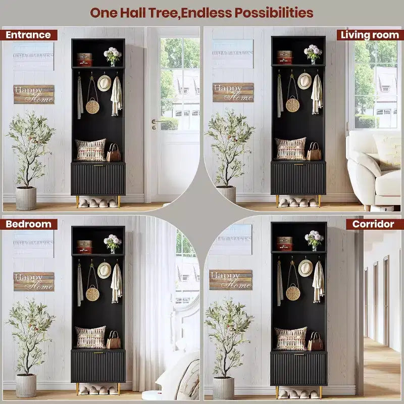 Appendiabiti da Ingresso con Panchina e Scarpiera - Mobile da Ingresso Alto 188 cm con Ripiano Superiore e 4 Ganci Metallici, Organizzatore per Cappotti