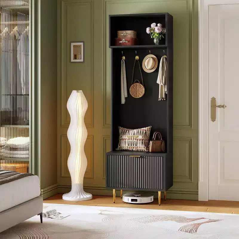 Appendiabiti da Ingresso con Panchina e Scarpiera - Mobile da Ingresso Alto 188 cm con Ripiano Superiore e 4 Ganci Metallici, Organizzatore per Cappotti