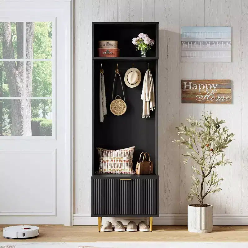 4-in-1 Hall Tree with Bench and Shoe Storage - 74 Tall Entryway Furniture with Top Shelf and 4 Metal Hooks, Coat Rack Cabinet Organizer