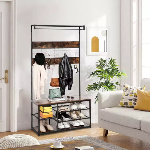 Brown 3-in-1 Entryway Bench with Shoe Storage & Coat Rack, Sturdy Hooks & Shelves, Space-Saving Design for Hallway, Living Room, Apartment