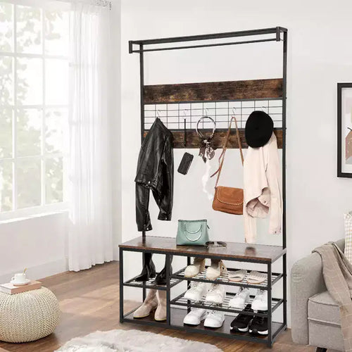 Panca Ingresso Marrone con Scarpiera e Attaccapanni, Ganci Robusti e Ripiani, Design Salvaspazio per Corridoio, Soggiorno, Appartamento