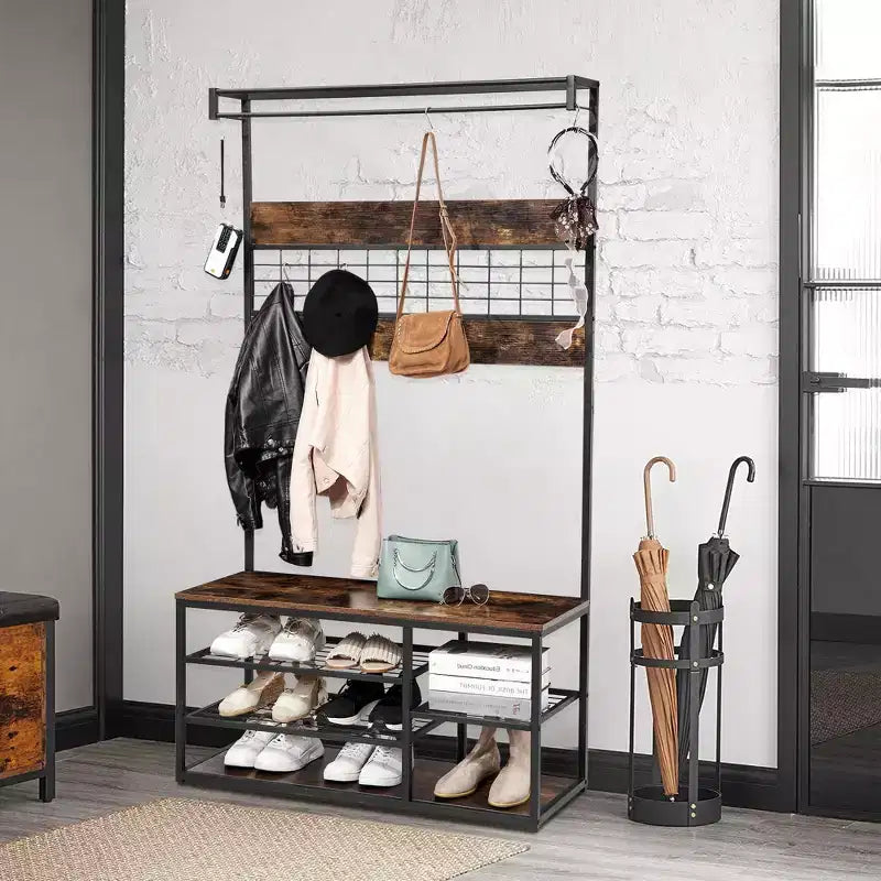Panca Ingresso Marrone con Scarpiera e Attaccapanni, Ganci Robusti e Ripiani, Design Salvaspazio per Corridoio, Soggiorno, Appartamento