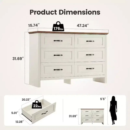 Comò a 6 cassetti per camera da letto, 120 cm con texture naturale, cassetti grandi, cassettiera rustica in stile country per camera da letto, soggiorno, corridoio