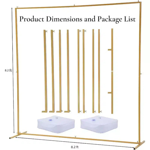 Supporto per fondale quadrato 2,5 x 2,5 m, supporto per arco a palloncino in metallo, supporto per fondale per matrimoni per feste e cerimonie, oro