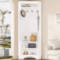 Okak Minimalist Corner Hall Tree with Adjustable Shelf, Coat Tree with Shoe Bench and 4 Hooks, Versatile Coat Rack for Living Room, Entryway, White