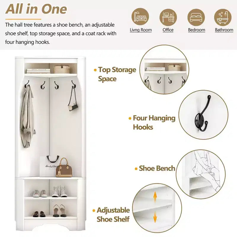 Appendiabiti da Ingresso ad Angolo Minimalista con Ripiano Regolabile, Appendiabiti con Panca Porta Scarpe e 4 Ganci, Attaccapanni Versatile per Soggiorno, Ingresso, Bianco
