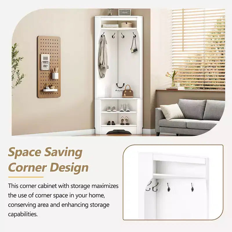 Appendiabiti da Ingresso ad Angolo Minimalista con Ripiano Regolabile, Appendiabiti con Panca Porta Scarpe e 4 Ganci, Attaccapanni Versatile per Soggiorno, Ingresso, Bianco