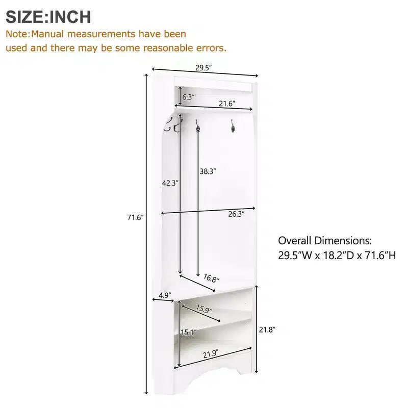 Appendiabiti da Ingresso ad Angolo Minimalista con Ripiano Regolabile, Appendiabiti con Panca Porta Scarpe e 4 Ganci, Attaccapanni Versatile per Soggiorno, Ingresso, Bianco