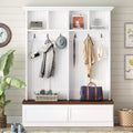Okak Farmhouse Hall Tree with Wood Grain Bench, Versatile Storage Rack with 2 Large Drawers, Entryway Storage for Hallway, Living Room, White+Walnut