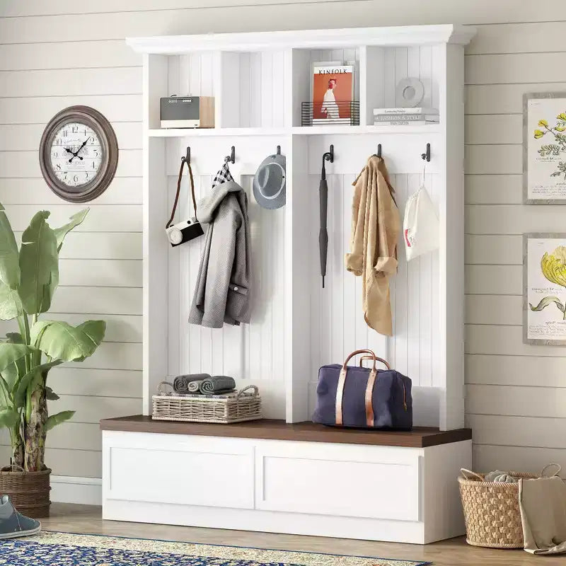 Appendiabiti da Ingresso in Stile Rustico con Panca Effetto Legno, Scaffale Versatile con 2 Grandi Cassetti, Mobile Contenitore per Ingresso, Soggiorno, Bianco+Noce
