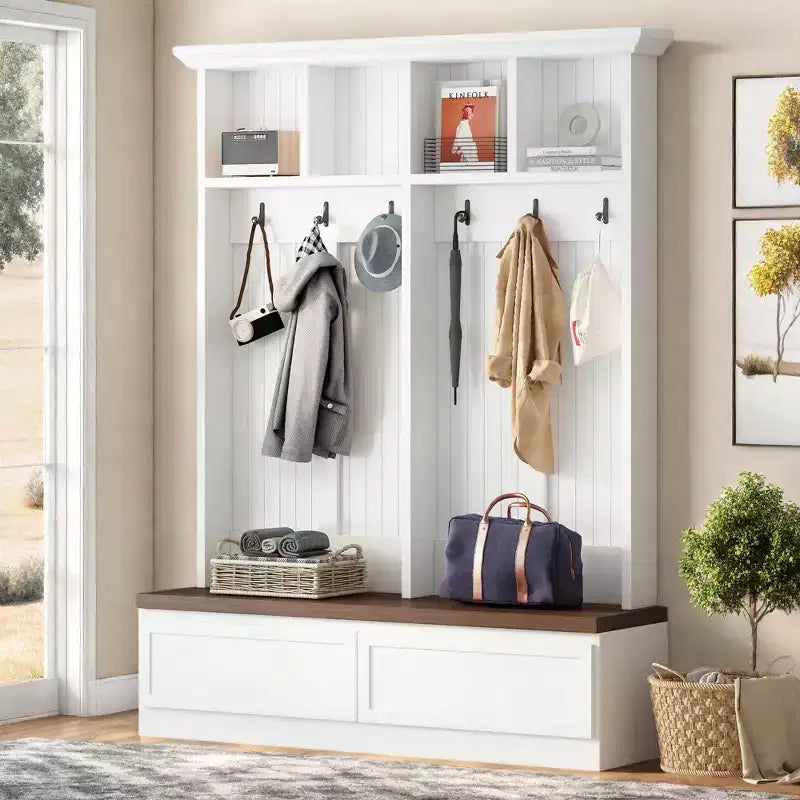 Appendiabiti da Ingresso in Stile Rustico con Panca Effetto Legno, Scaffale Versatile con 2 Grandi Cassetti, Mobile Contenitore per Ingresso, Soggiorno, Bianco+Noce