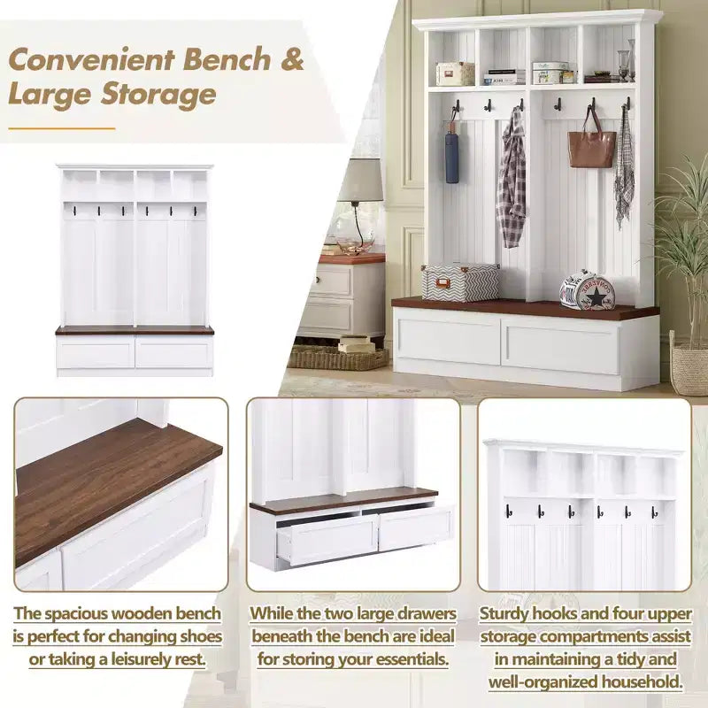 Appendiabiti da Ingresso in Stile Rustico con Panca Effetto Legno, Scaffale Versatile con 2 Grandi Cassetti, Mobile Contenitore per Ingresso, Soggiorno, Bianco+Noce