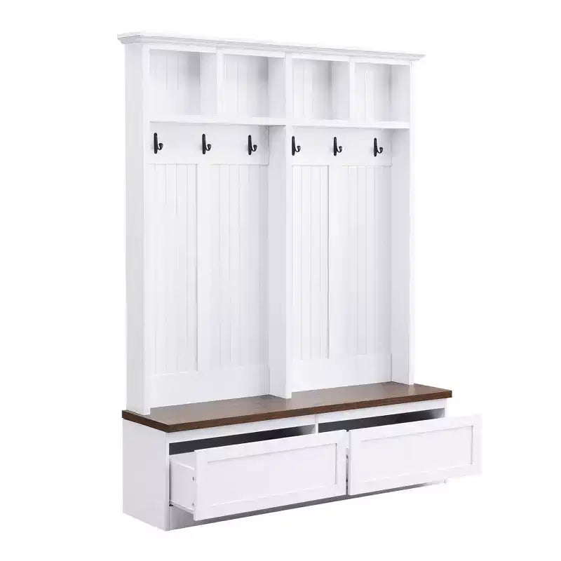 Appendiabiti da Ingresso in Stile Rustico con Panca Effetto Legno, Scaffale Versatile con 2 Grandi Cassetti, Mobile Contenitore per Ingresso, Soggiorno, Bianco+Noce