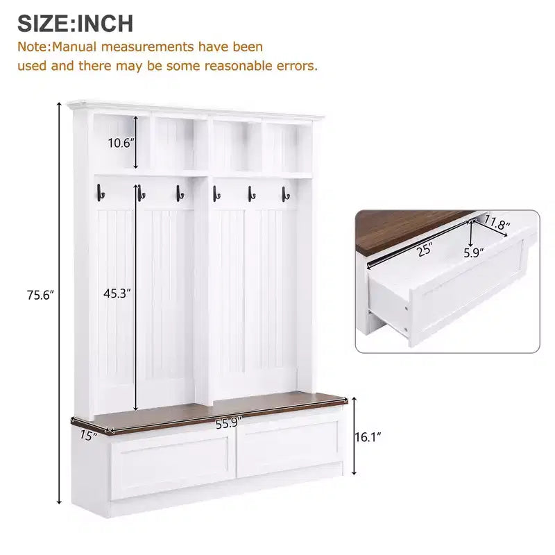 Appendiabiti da Ingresso in Stile Rustico con Panca Effetto Legno, Scaffale Versatile con 2 Grandi Cassetti, Mobile Contenitore per Ingresso, Soggiorno, Bianco+Noce