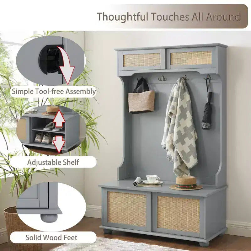 Appendiabiti da ingresso in stile casual con panca, appendiabiti con ripiani in rattan e piedini in legno, appendiabiti per soggiorno, camera da letto, grigio