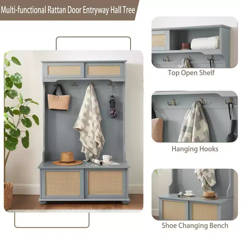 Appendiabiti da ingresso in stile casual con panca, appendiabiti con ripiani in rattan e piedini in legno, appendiabiti per soggiorno, camera da letto, grigio