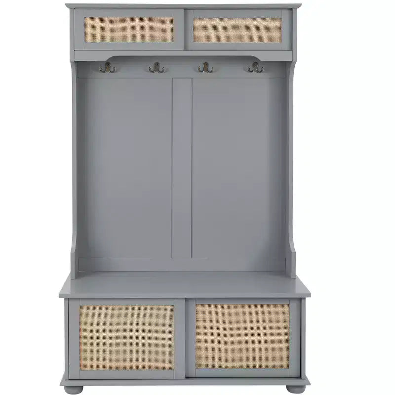 Appendiabiti da ingresso in stile casual con panca, appendiabiti con ripiani in rattan e piedini in legno, appendiabiti per soggiorno, camera da letto, grigio
