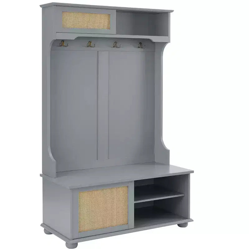Appendiabiti da ingresso in stile casual con panca, appendiabiti con ripiani in rattan e piedini in legno, appendiabiti per soggiorno, camera da letto, grigio