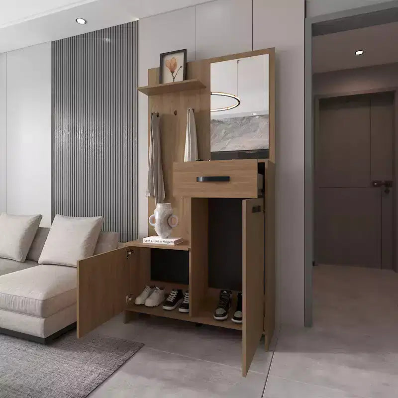 Appendiabiti da Ingresso Moderno con 3 Ganci e Specchio, Attaccapanni Autoportante con Ampio Spazio, Appendiabiti per Soggiorno, Camera da Letto, Rovere Chiaro